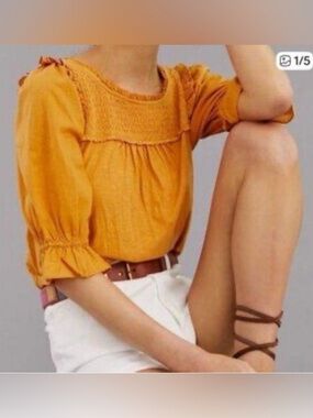 Anthropologie Mustard Smocked Ruffle Peasant Top Size S